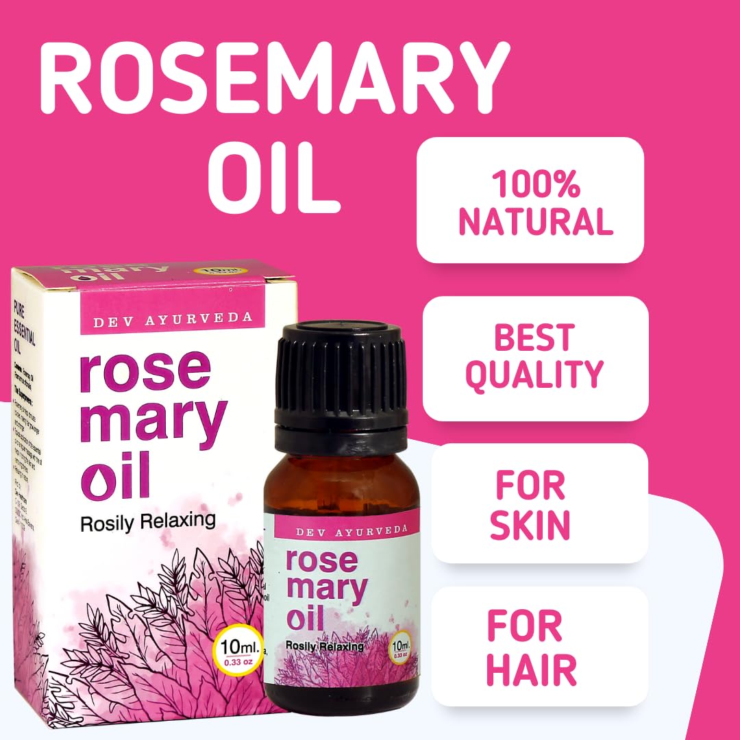 Dev Ayurveda Pure Rosemary Essential Oil 10ml - 100% Natural for Hair Growth, Skin Care & Aromatherapy | Perfect for DIY Beauty, Massage & Relaxation
