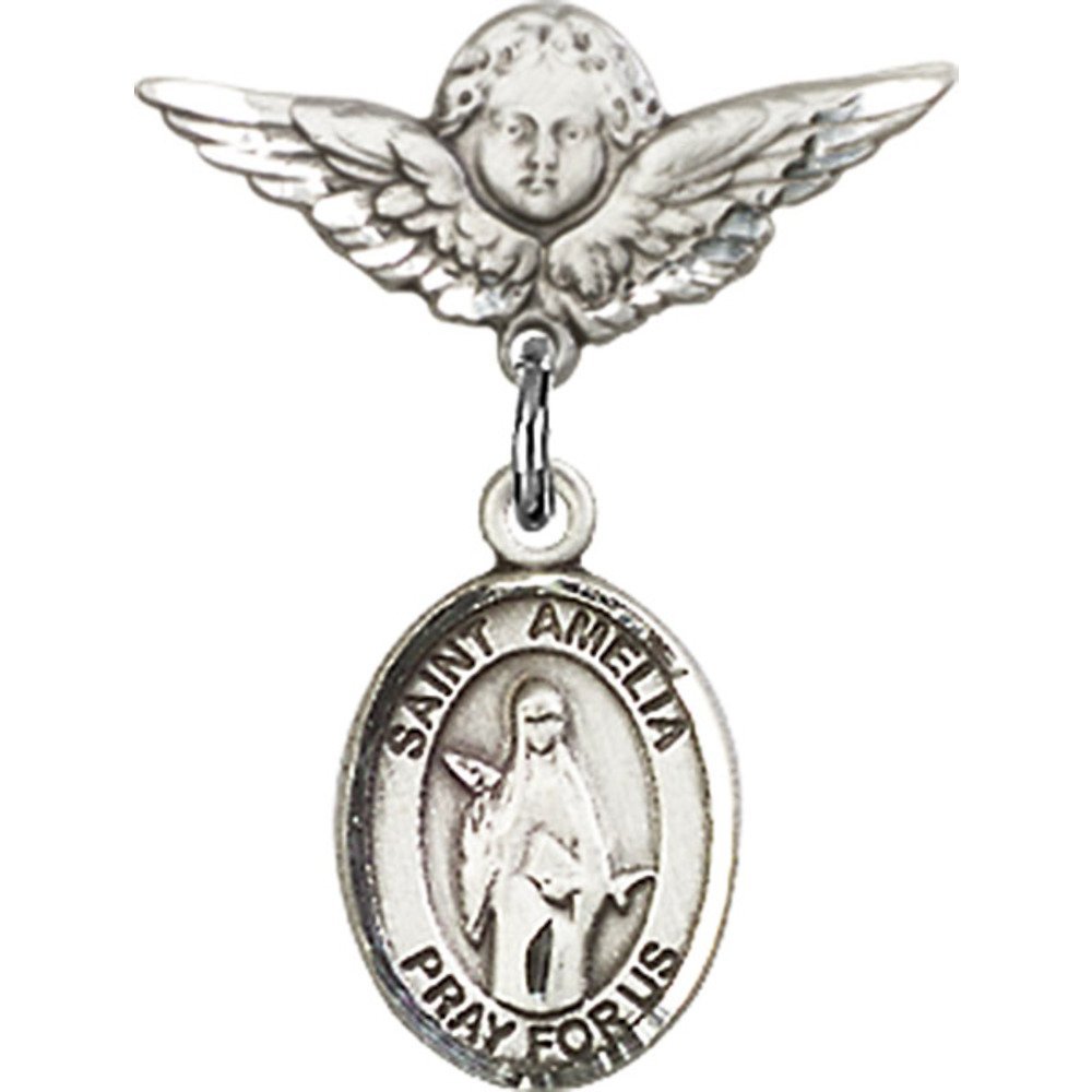 Sterling Silver Baby Badge with St. Amelia Charm & Angel Wing Pin - 7/8
