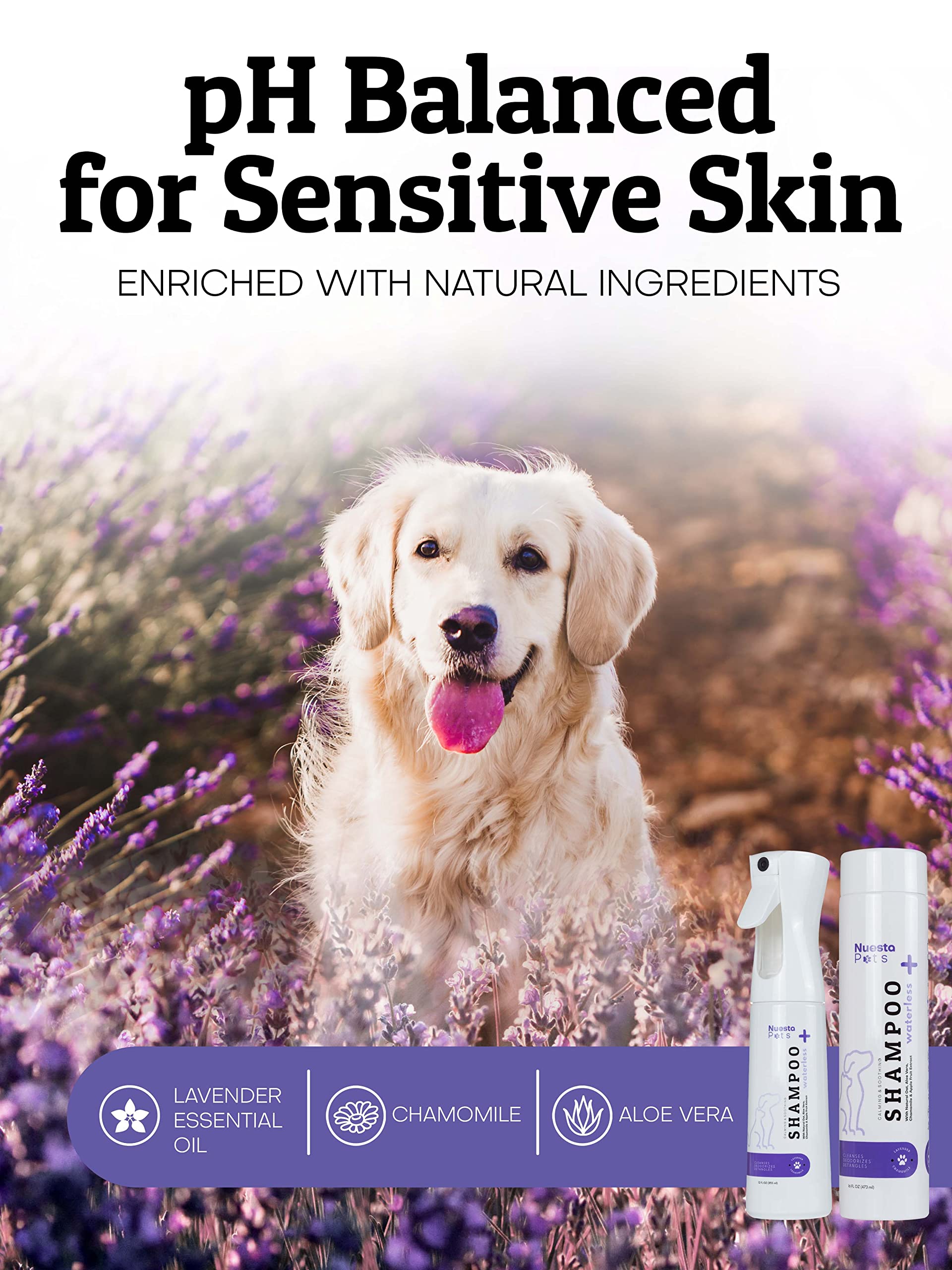 Hypoallergenic Waterless Dog Shampoo for Sensitive Skin - Lavender & Chamomile No Rinse Pet Wash | 4-in-1 Formula Cleans, Moisturizes, Conditions & Deodorizes | Perfect for Travel, Post-Walk Freshening & Between Baths