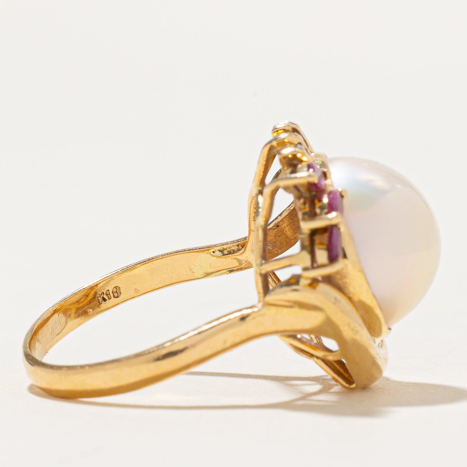 Exquisite Mabé Pearl, Ruby & Diamond Cocktail Ring - 0.20ctw Ruby & 0.25ctw Diamonds - Size 7.25 - Elegant Evening Wear & Special Occasion Jewelry for Women