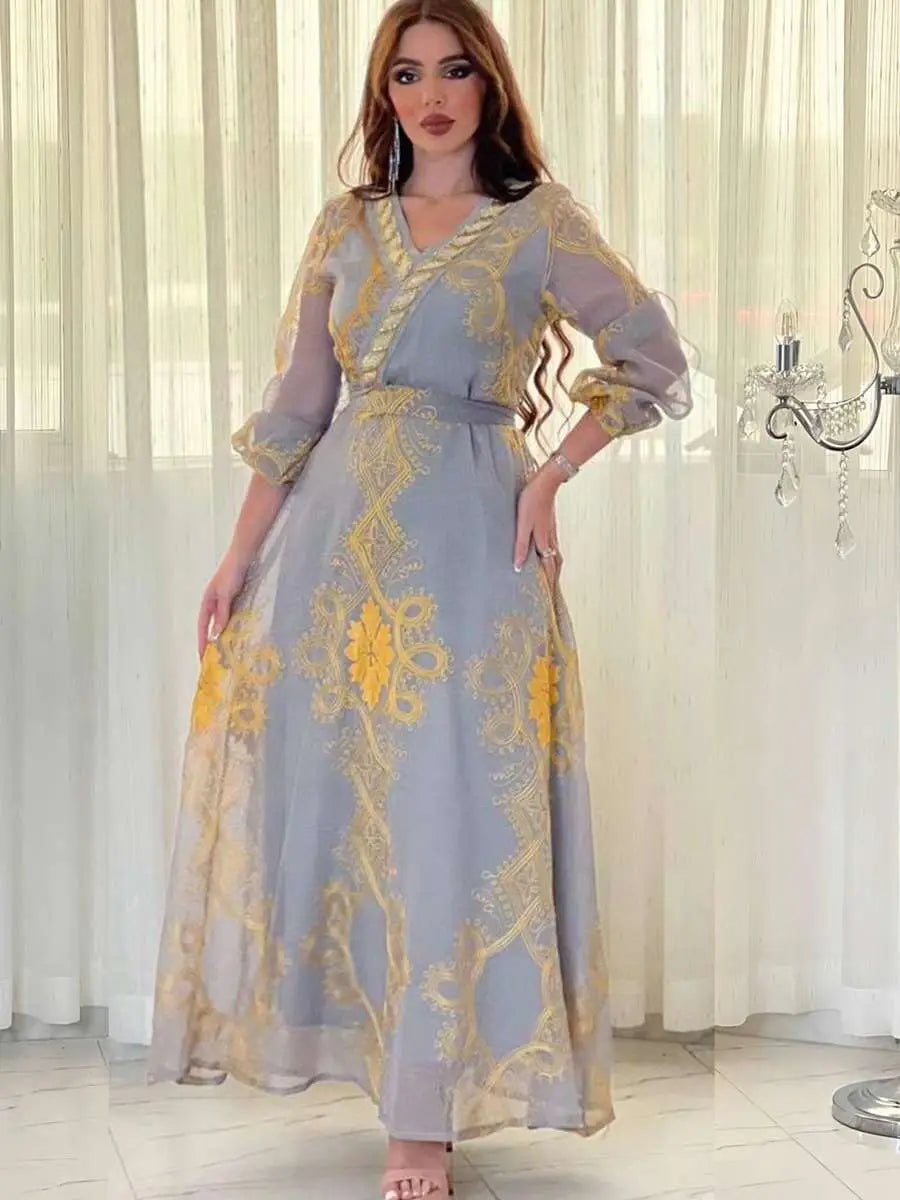 Elegant Eid Dress with Embroidery & Sequins - Flowy Caftan Kaftan Maxi Dress for Women | Perfect for Eid Celebrations, Weddings & Special Occasions