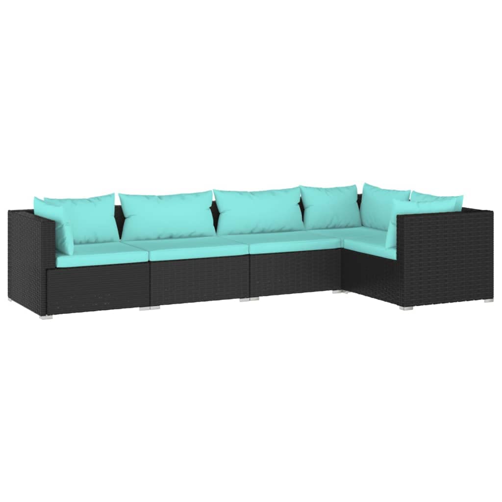 vidaXL 5-Piece Patio Lounge Set with Cushions - Waterproof Poly Rattan Outdoor Furniture - Modular Design, Easy to Clean - Black & Water Blue - Perfect for Backyard, Poolside & Garden Relaxation