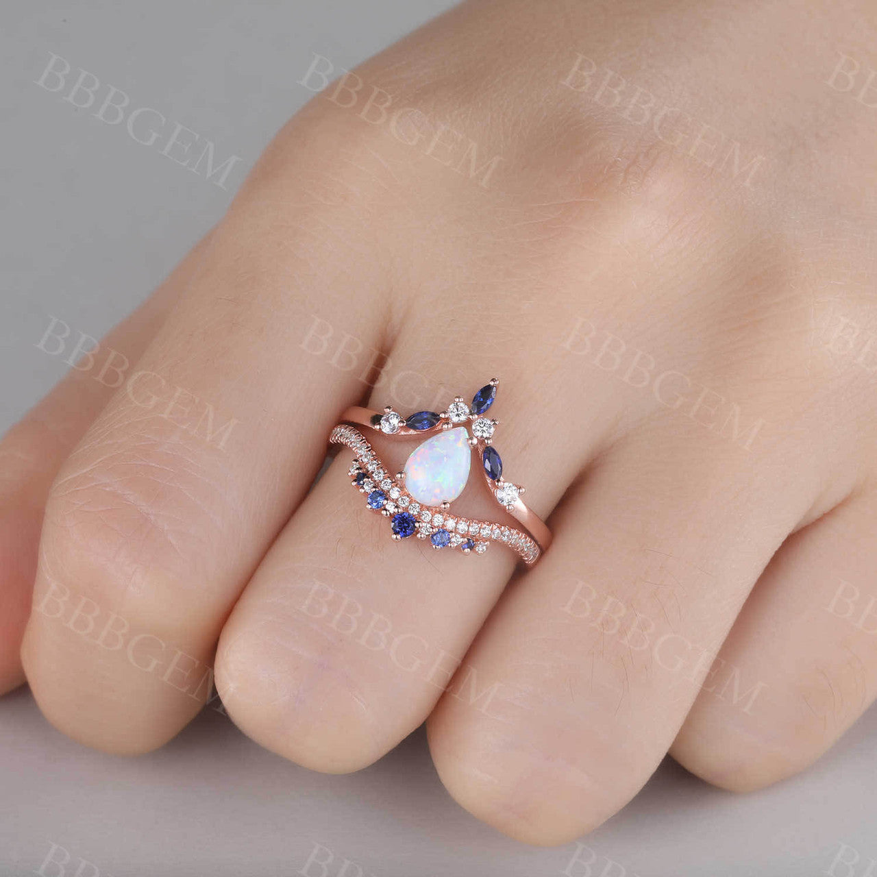 Pear Shaped Opal Engagement Ring with Diamond Accents & Blue Sapphire Wedding Band - Stackable Bridal Set for Proposal, Anniversary & Special Occasions