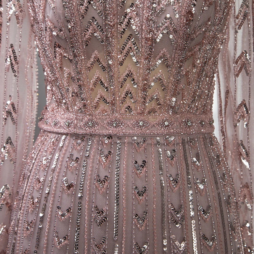 Elegant Pink Mermaid Evening Gown with Beaded Details - Long Sleeve O-Neck Formal Dress for Women - Perfect for Prom, Wedding Guest & Special Occasions
