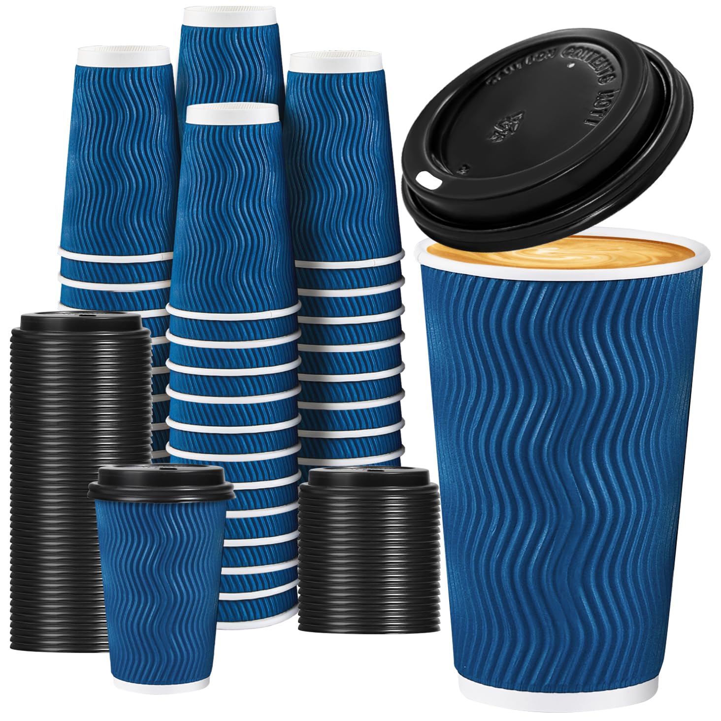 Lamosi 16 oz Disposable Coffee Cups with Lids - 50 Pack Insulated Paper To-Go Cups for Hot Beverages, Corrugated Ripple Wall Design (Blue) - Perfect for Coffee Shops, Offices, and Home Use