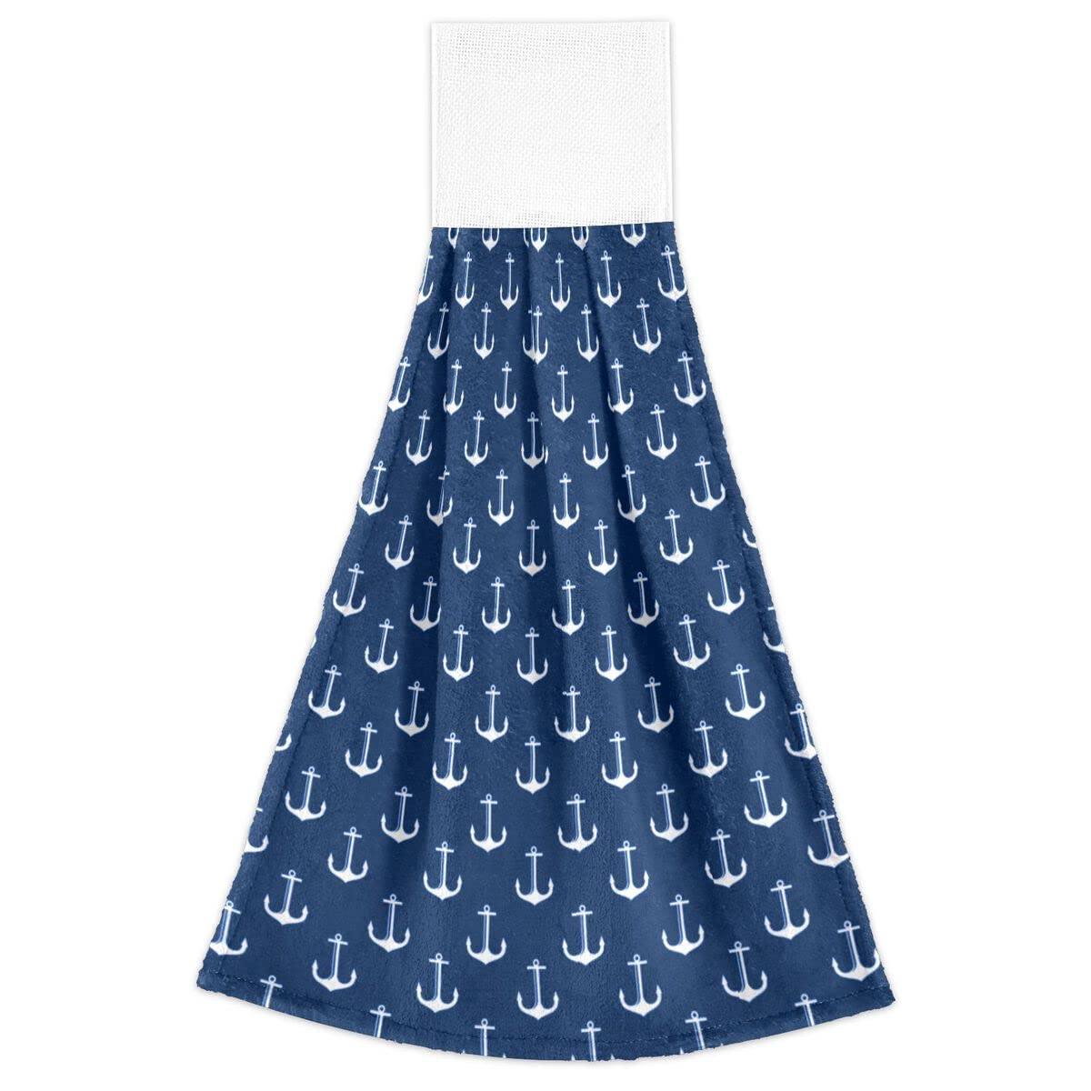 Nautical Blue and White Anchor Kitchen Towels Set of 2 - Soft Coral Velvet Absorbent Dish Towels with Hanging Loops - Perfect for Kitchen, Bathroom, and Summer Beach House Decor