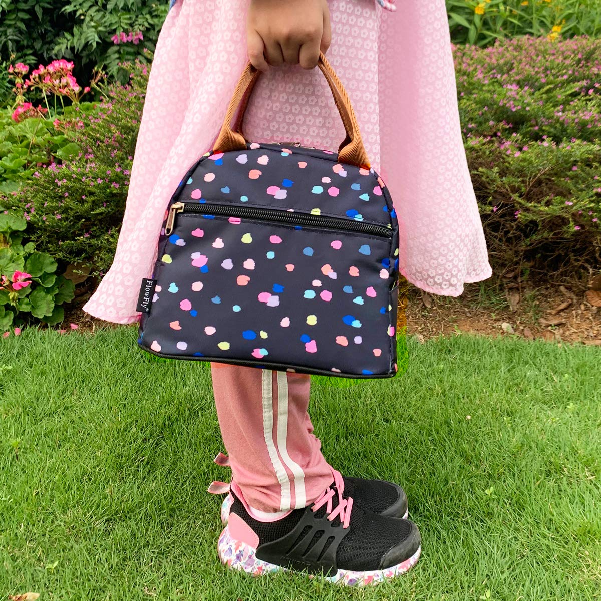 FlowFly Insulated Lunch Bag Tote - Reusable Cooler Lunch Box for Women & Men, Black Floral Design - Perfect for Work, School, Picnics & Outdoor Activities