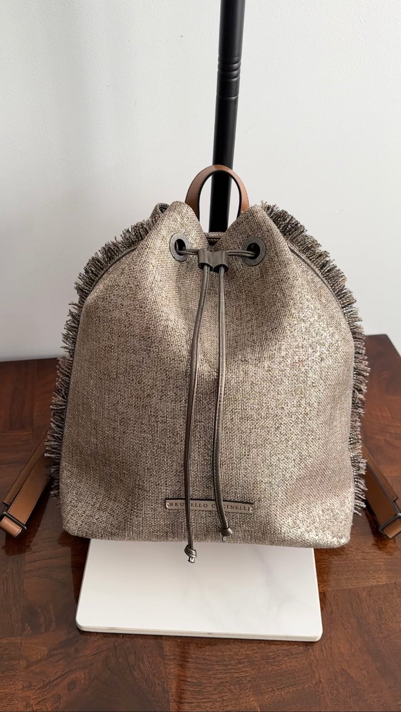 Brunello Cucinelli Gold Metallic Canvas Fringe Backpack for Women - Luxury Designer Handbag for Travel, Work & Everyday Use