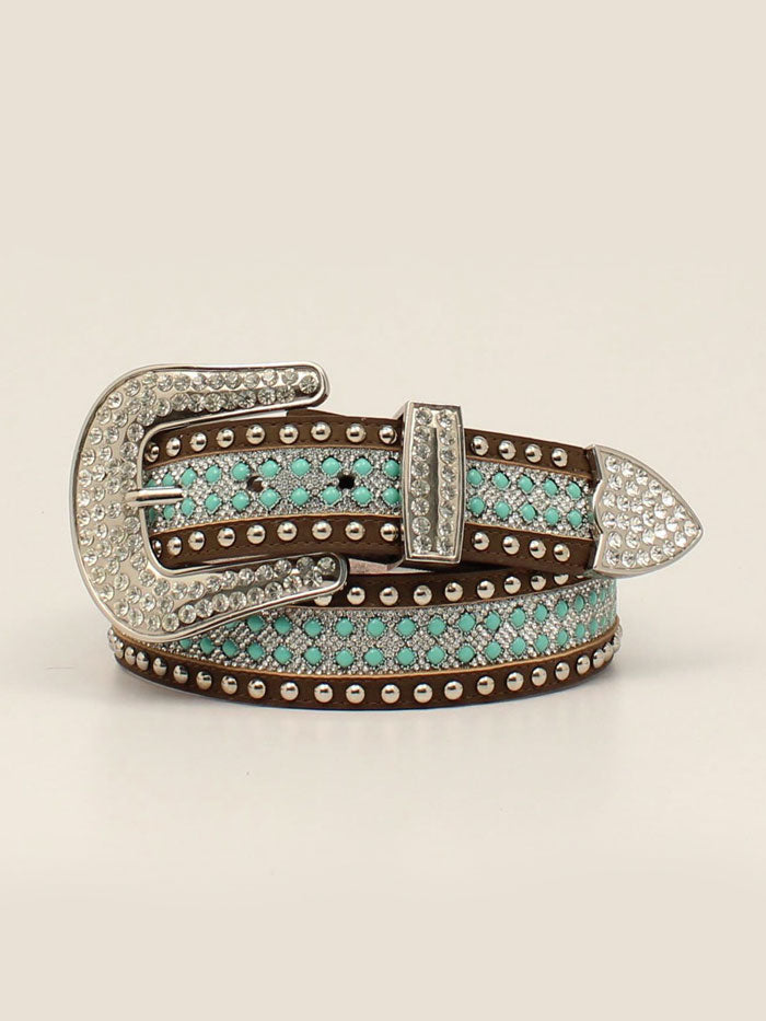 Angel Ranch D140002102 Women's Turquoise & Clear Crystal Embellished Brown Leather Belt - Perfect for Casual Outfits, Boho Style & Western Fashion