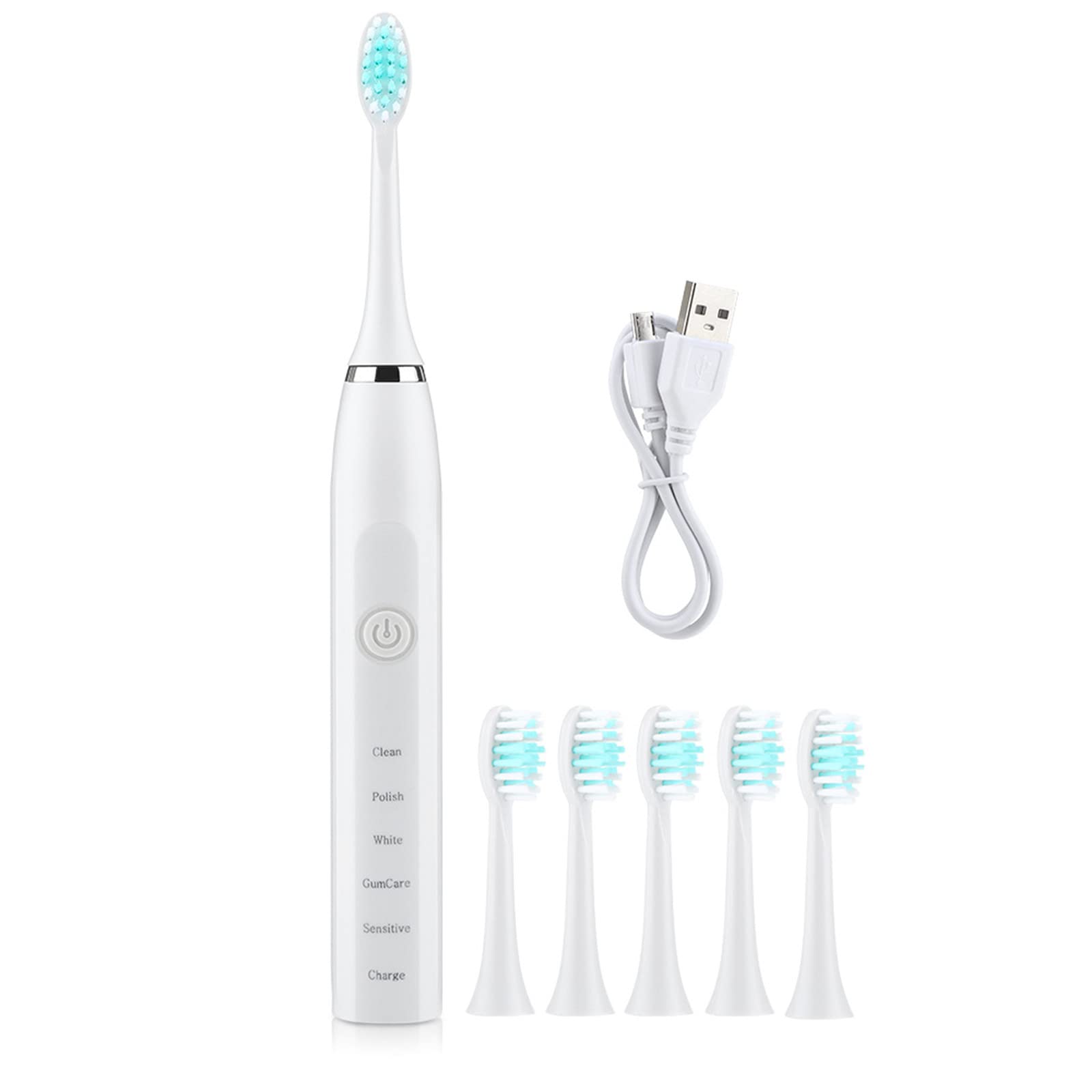Sonic Electric Toothbrush for Adults - 6 Replacement Brush Heads, 5 Cleaning Modes & 4 Adjustable Strength Settings (White) | Perfect for Travel, Home Use & Sensitive Teeth Care