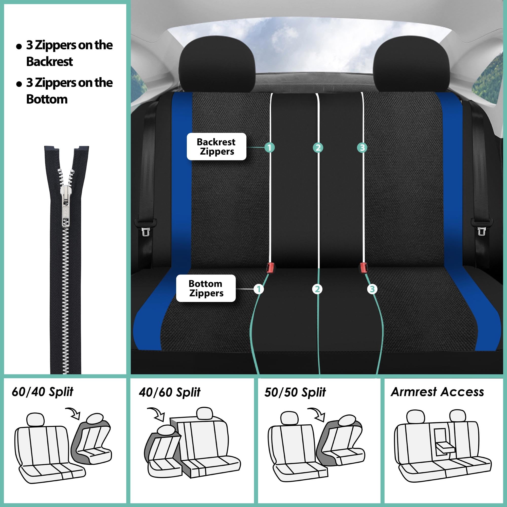 FH Group Non-Slip Automotive Seat Covers Set - Full Blue Sports Car Seat Covers with Dash Grip Pad | Compatible with Cars, Vans, Trucks & SUVs | Airbag Safe & Split Rear Design | Perfect for Road Trips, Commuting & Off-Road Adventures