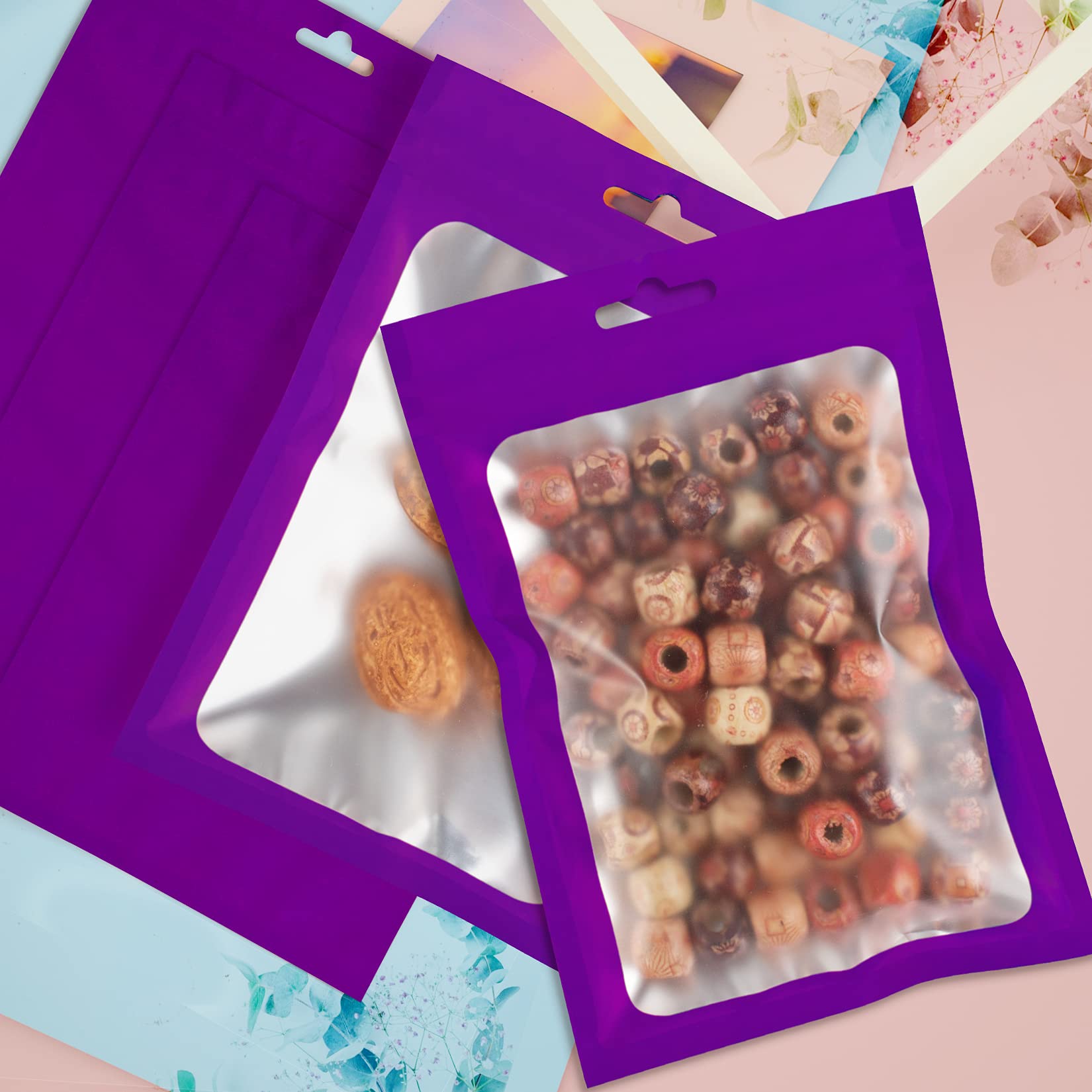 100 Pack Smell Proof Mylar Bags with Resealable Zipper & Clear Window - Airtight Heat Sealable Food Storage Bags for Dry Goods, Coffee, Tea, Herbs (Purple, 4.13 x 5.91 Inches) - Perfect for Kitchen Pantry Organization & Travel Snack Storage