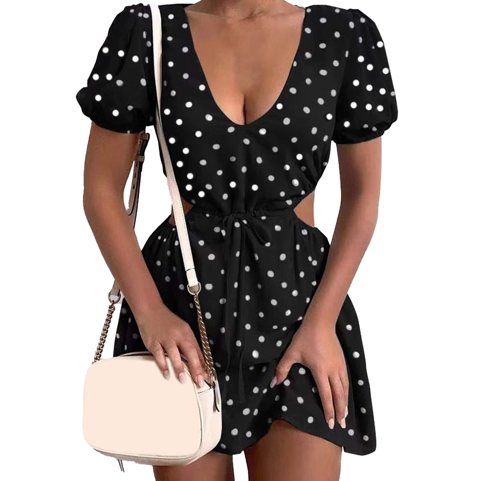Gaweb Women's Polka Dot Print Soft Hollow Waist Dress - Elegant Floral Summer Dress for Dating, Parties & Special Occasions