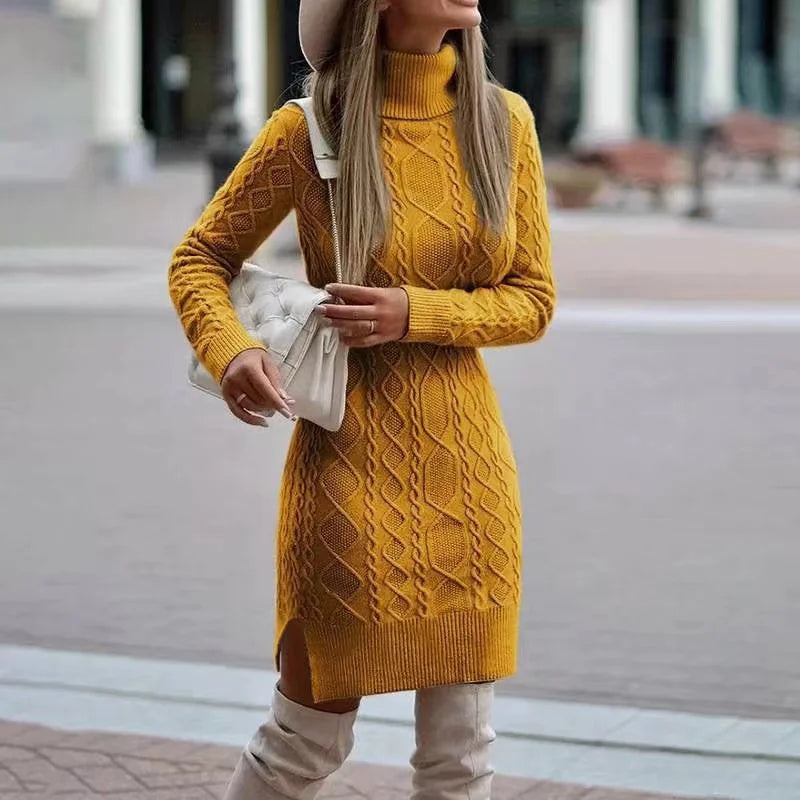 Women's Knitted Wrap Skirt Dress - High Neck Long Sleeve Winter Sweater Dress, Warm & Thickened for Autumn Winter Season | Perfect for Office, Party & Casual Outfits