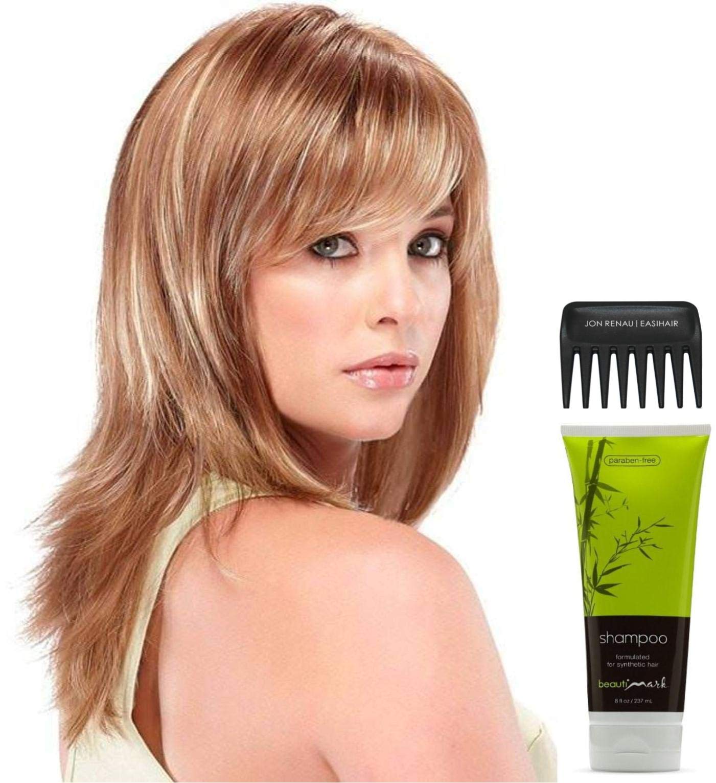 Jon Renau Angelique Average Wig Bundle - 4 Items Including Synthetic Shampoo & Wide Tooth Comb (Color 12FS8) | Perfect for Cosplay, Daily Wear & Hair Loss Solutions
