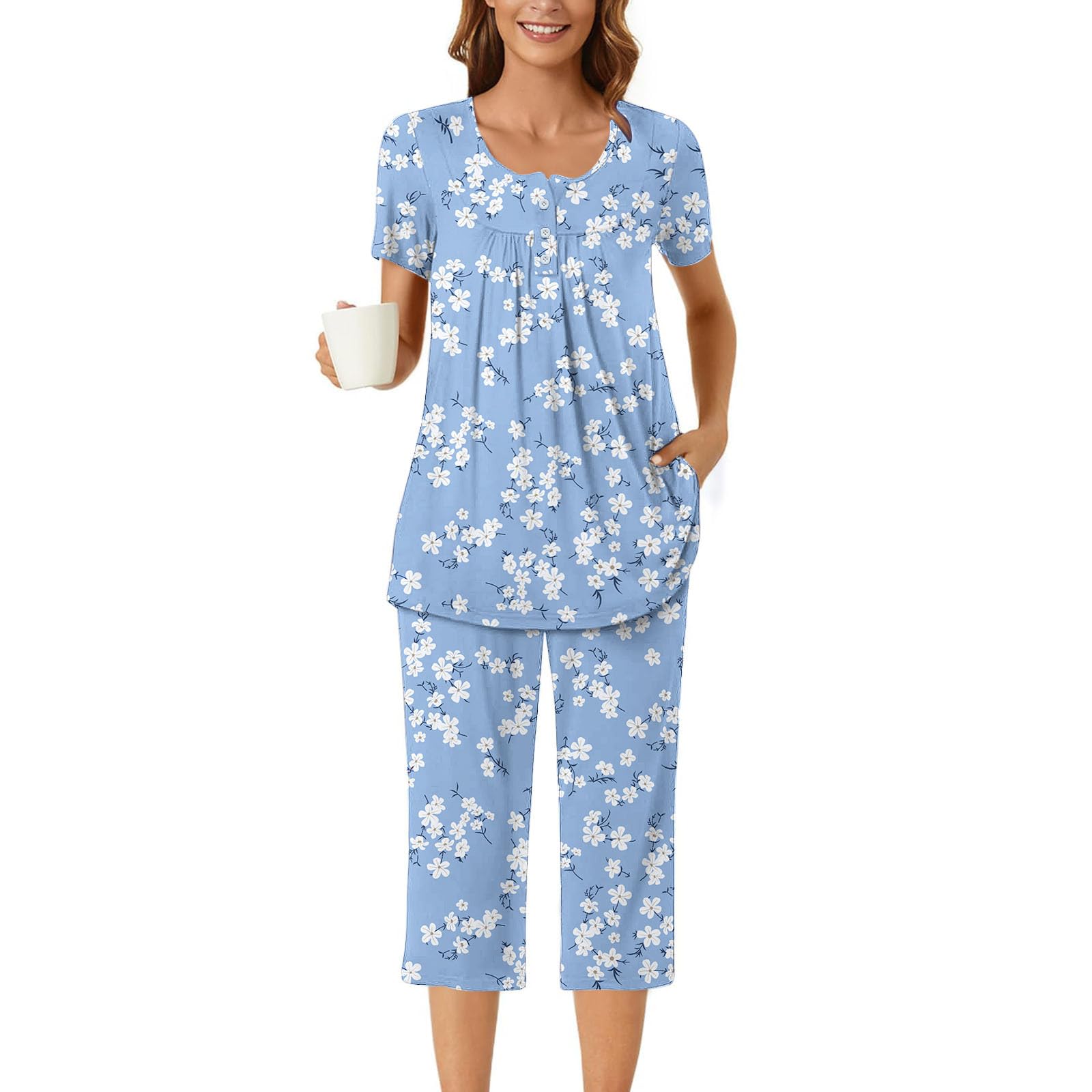 Kinrui Women's 2-Piece Pajama Set - Short Sleeve Shirt & Capri Pants with Pockets | Soft Lounge Sleepwear for Women | Perfect for Sleepovers, Relaxing at Home & Summer Nights