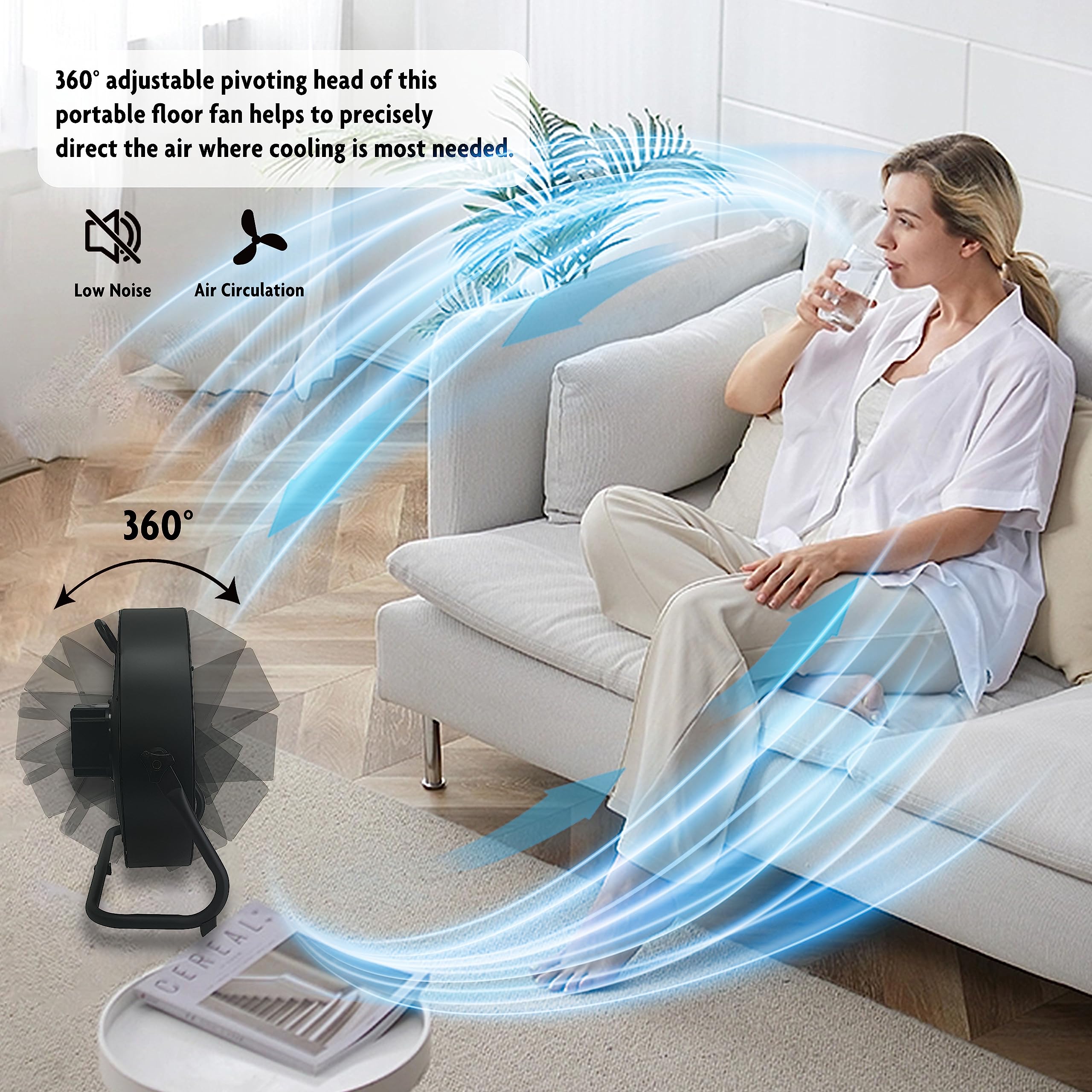 12-Speed Rechargeable Battery Operated Floor Fan - High Velocity Portable Cordless Outdoor Fan with USB Phone Charging - Ideal for Camping, Travel, Patio, Indoor Use - 12 Inch Black Fan with Black Blades