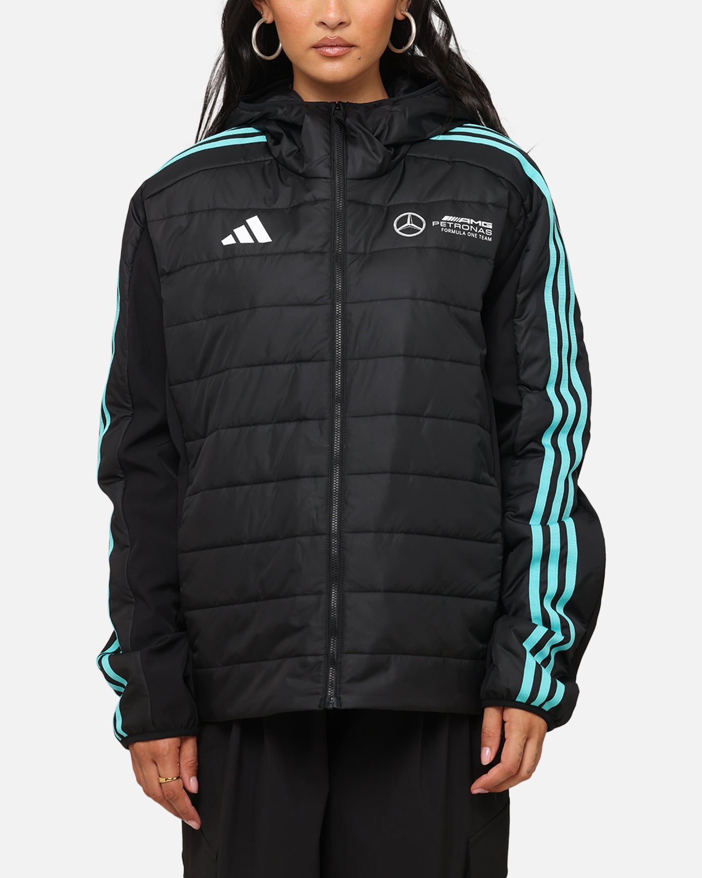 Adidas x Mercedes AMG Petronas F1 DNA Puffer Jacket for Men - Black & White Winter Coat - Formula One Racing Inspired Outerwear for Cold Weather & Street Style