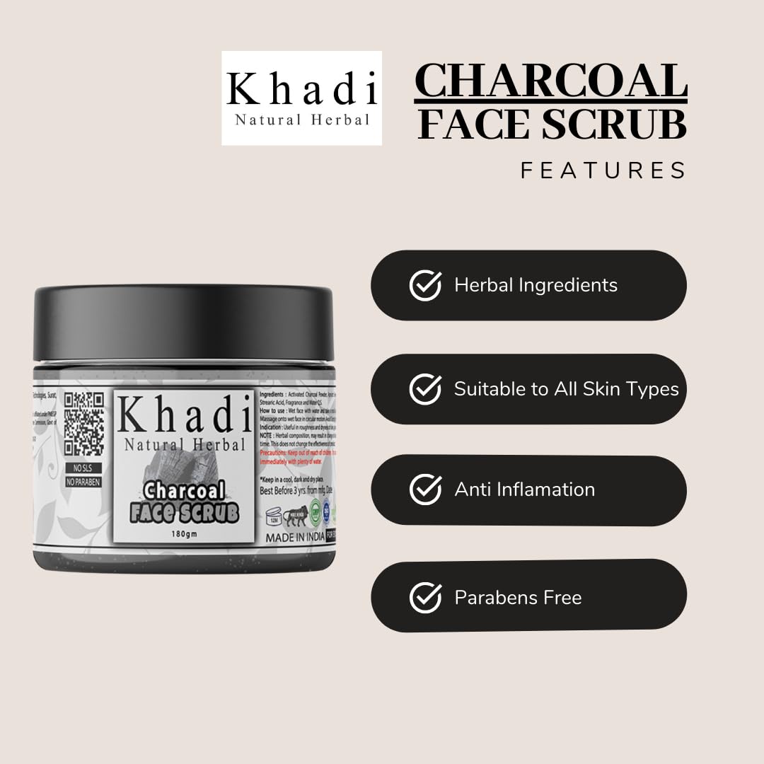 Khadi Natural Herbal Charcoal Face Scrub for Women & Men - Deep Cleansing, Anti-Acne, Blackhead Removal & Exfoliating | Tan Removal & Glowing Skin Treatment | 180GM Pack | Perfect for Daily Skincare & Spa Days