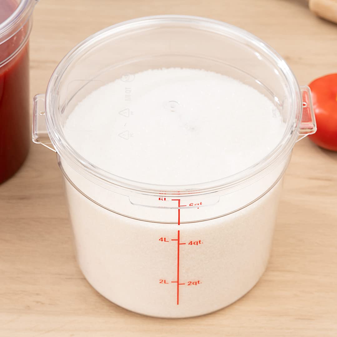 Restaurantware Met Lux 6 Quart Clear Plastic Food Storage Containers - 10 Pack Round Commercial Food Prep Buckets with Volume Markers (Lids Sold Separately) for Kitchen, Restaurant, and Catering Use - Space-Saving Storage Solution