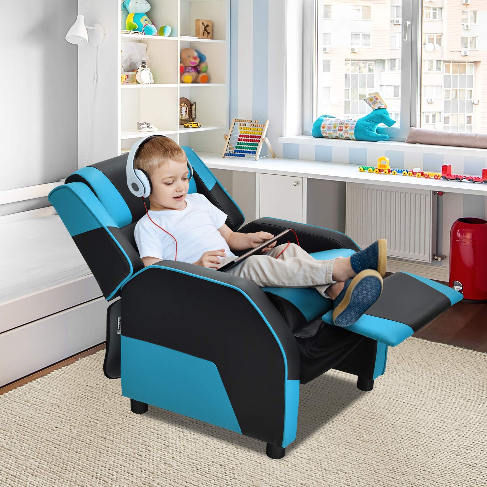 Costzon Kids Recliner Chair - Adjustable Gaming Chair with Footrest, Headrest & Lumbar Support | Ergonomic Leather Lounge Chair for Boys & Girls | Perfect for Living Room, Game Room & Bedroom (Blue)