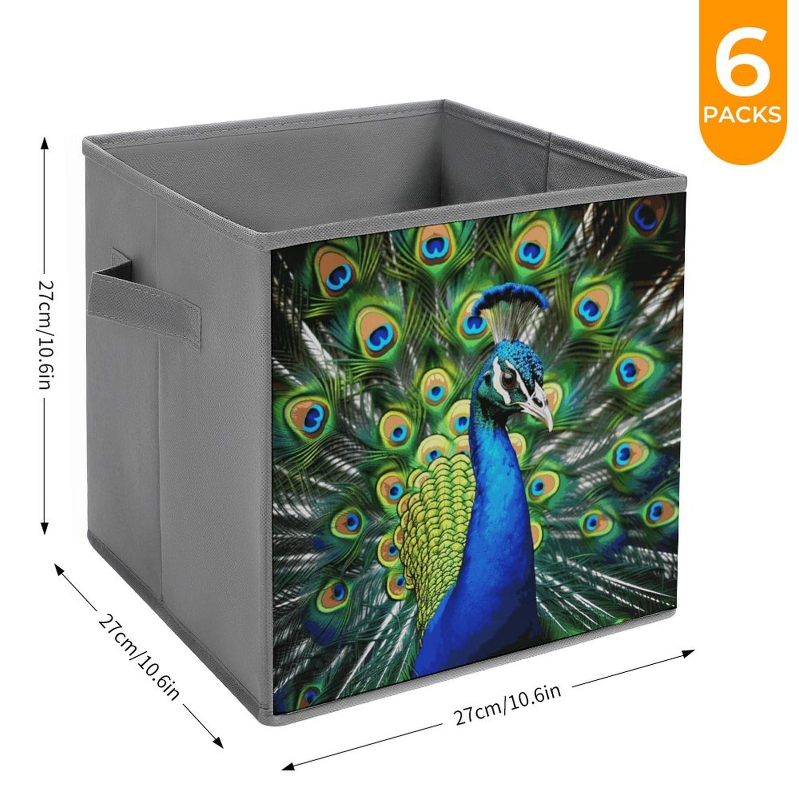 6-Piece Collapsible Storage Bins with Handles - Blue Peacock Printed Foldable Organizing Baskets for Shelves, Closet, Kitchen & Home Organization - Space Saving Storage Containers for Toys, Books & Household Items