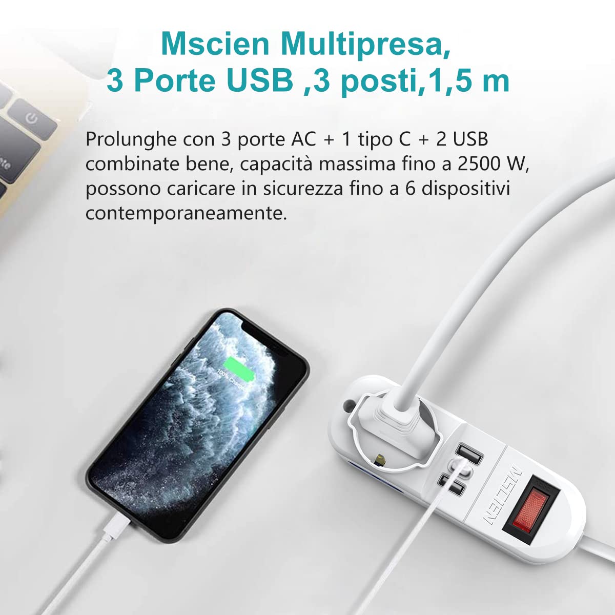 Mscie Multipurpose Travel Power Strip with 3 Outlets (1 Universal & 2 US/EU), 3 USB Ports (2 USB-A + 1 USB-C), Compact Design, White, 2500W/250V, 1.5m Cable - Perfect for Hotels, Dorms & International Travel