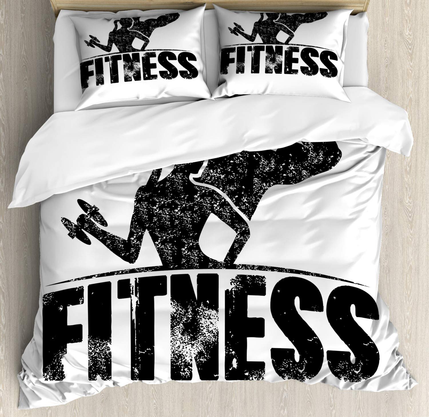 Ambesonne Fitness Duvet Cover Set - Grunge Workout Silhouette Design for Couples, 3-Piece Bedding Set with 2 Pillow Shams, California King Size, Black & White - Perfect for Gym Lovers & Fitness Enthusiasts Bedroom Decor
