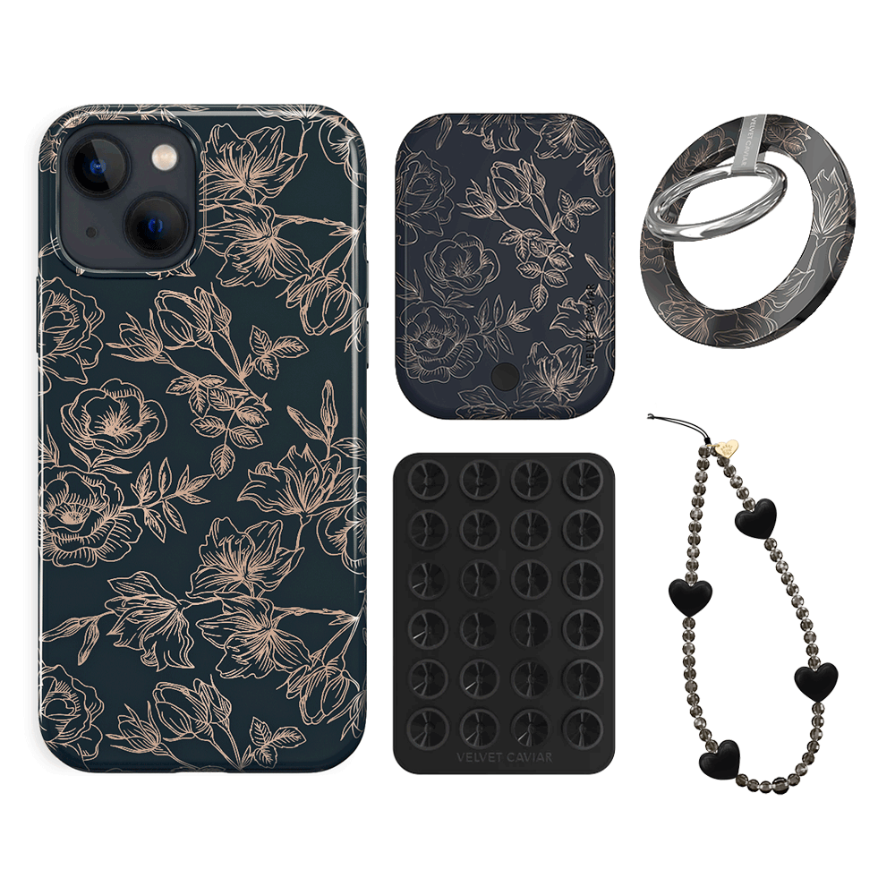 Floral Rose Gold Chrome iPhone Case with Grip - Elegant Protective Cover for iPhone 13/14/15 Pro Max - Perfect for Everyday Use, Work, and Travel