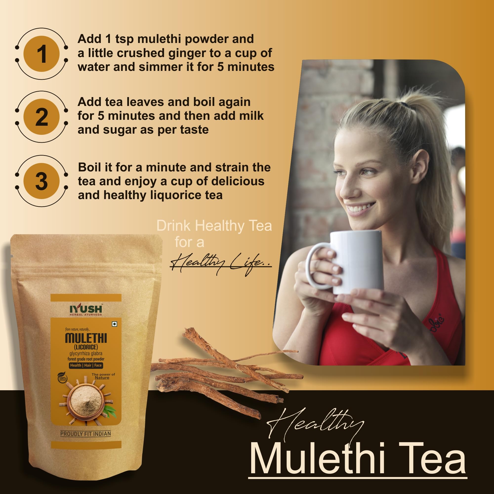 IYUSH Ayurvedic Mulethi Powder (Licorice Root Powder) 400g - Natural Skin Whitening, Brightening & Glowing Face Treatment | Organic Herbal Supplement for Healthy Skin & Digestion | Perfect for DIY Face Masks, Smoothies & Herbal Teas