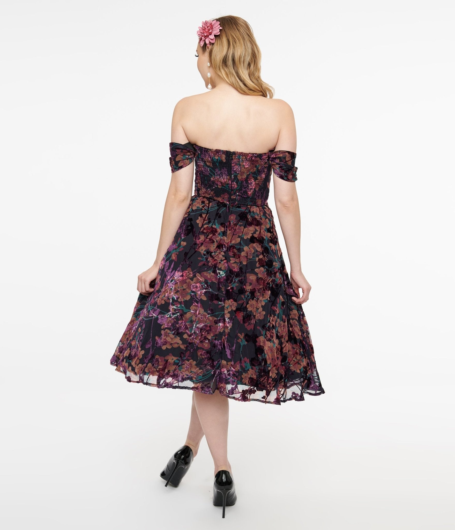 Vintage 1950s Purple Floral Velvet Burnout Off Shoulder Flare Dress - Retro Swing Dress for Cocktail Parties, Date Nights & Special Occasions