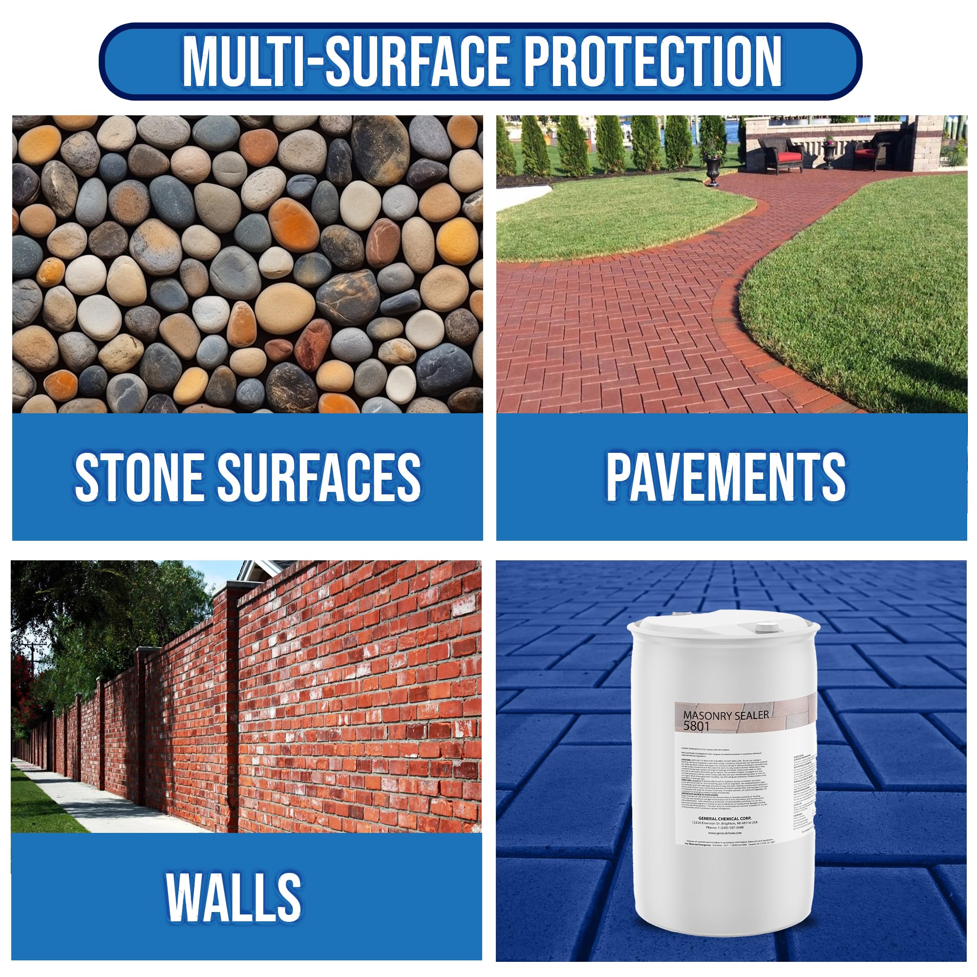 DeckGeneral Masonry Sealer 5801 - Clear Silane Siloxane Waterproof Coating for Concrete, Stone, Brick & Mortar - Long-Lasting Protection for Driveways, Sidewalks, Patios & Outdoor Surfaces (55 Gallon) - Ideal for Weatherproofing & Enhancing Curb Appeal