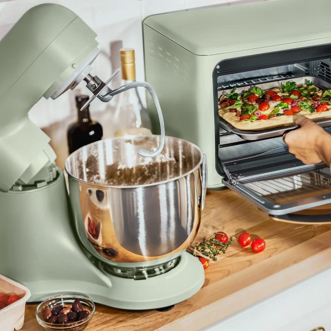 **Drew Barrymore 5.3 Qt Stand Mixer with Tilt-Head - Lightweight, Powerful 300W Motor, 12 Speed Settings - Includes Beater, Whisk, Dough Hook & Splash Guard - Perfect for Baking Cakes, Cookies & Bread (Sage Green)**