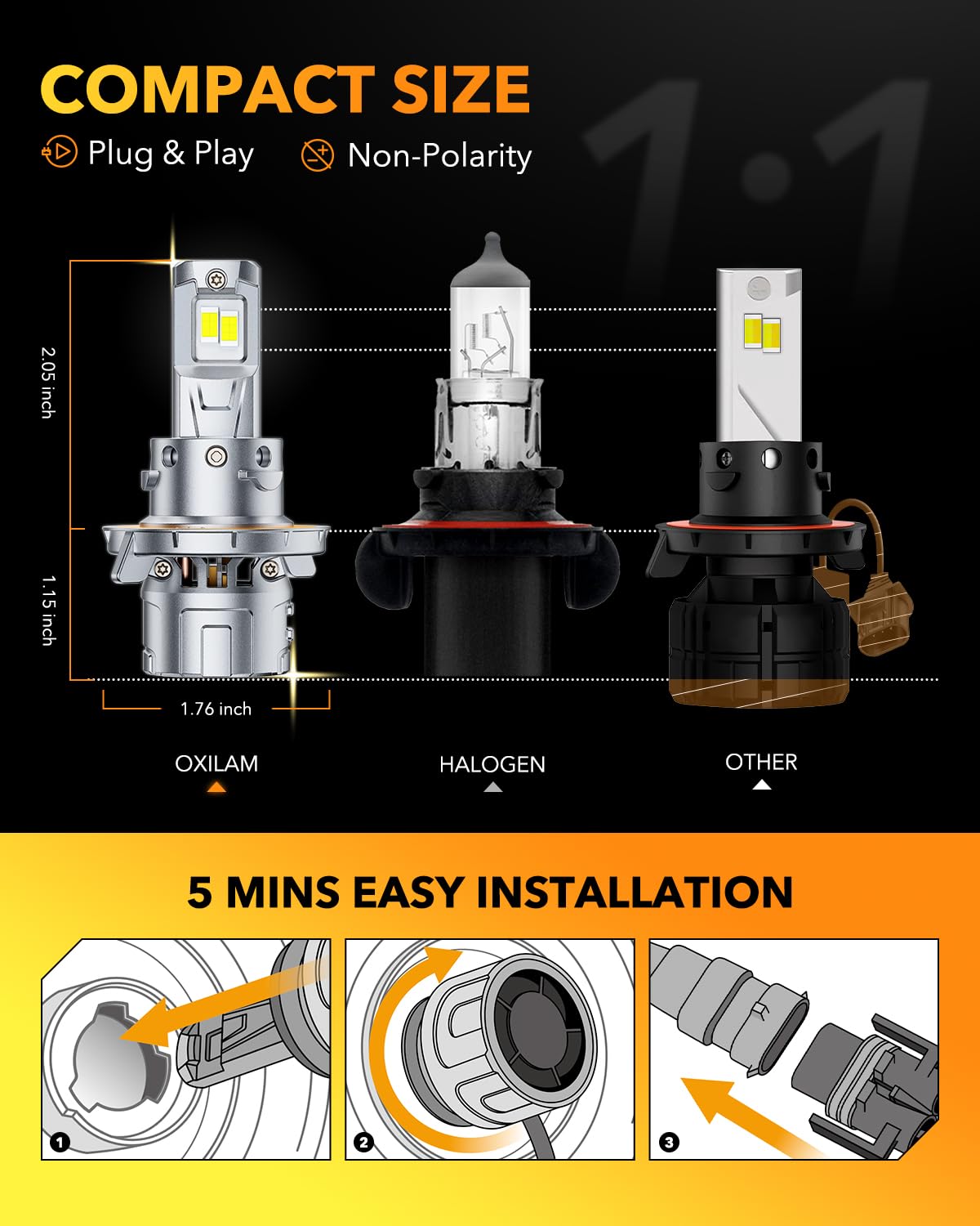 OXILAM Upgraded H13 9008 LED Light Bulbs - 1000% Ultra Bright 6500K White Fog Lights - Dual Beam with Cooling Fan - IP68 Waterproof Halogen Replacement Bulbs (Pack of 2) - Perfect for Off-Road Trucks, SUVs & Headlight Upgrades