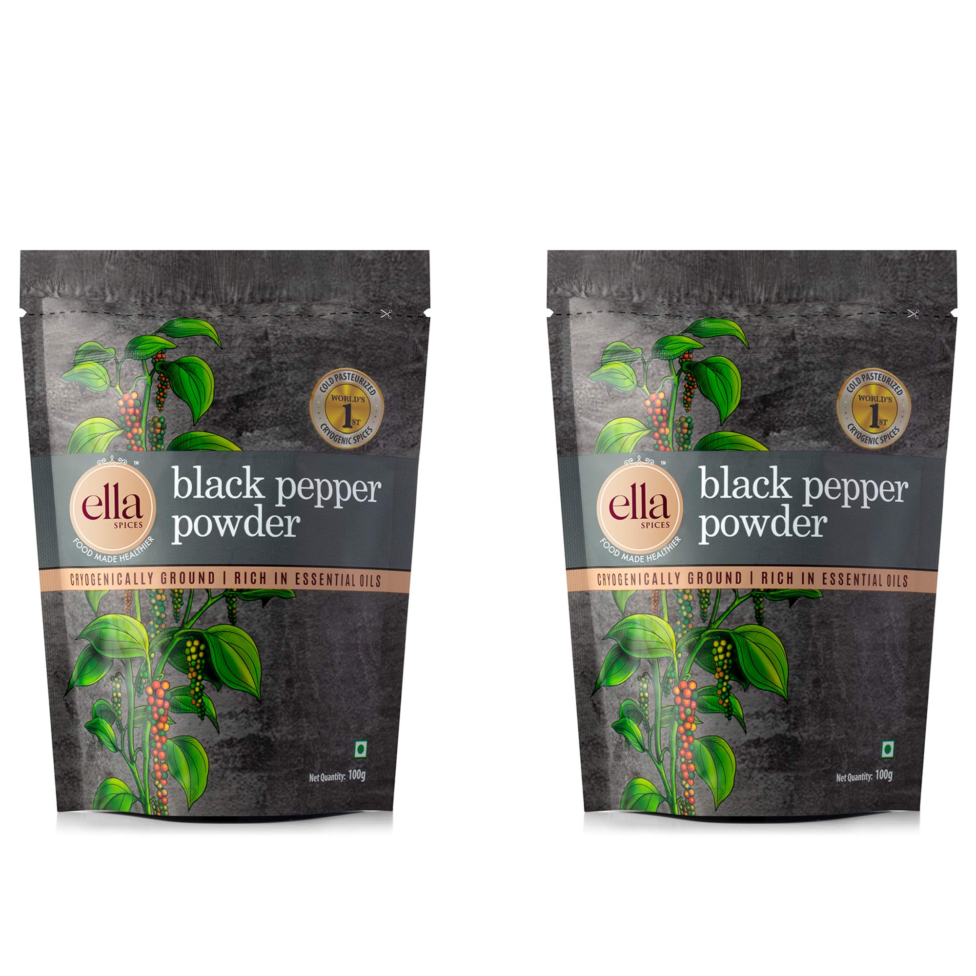 Premium Black Pepper Powder - Ella Foods Spices | Cryogenic Grinding for 2X Aroma & Flavor | 100g Each (Pack of 2) | Perfect for Cooking, Seasoning & Gourmet Recipes