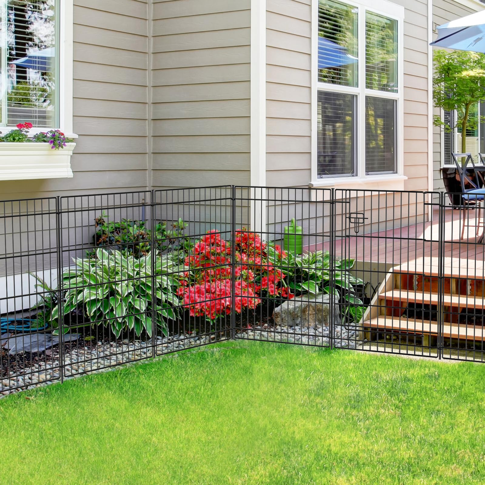 INJOPEXI 12-Panel Decorative Metal Garden Fence - 23.6ft Long x 30in Tall Rustproof Wire Fencing with Gate | No Dig Temporary Animal Barrier for Yard, Outdoor Patio & Garden Protection | Perfect for Pet Containment, Landscape Borders & Pool Safety