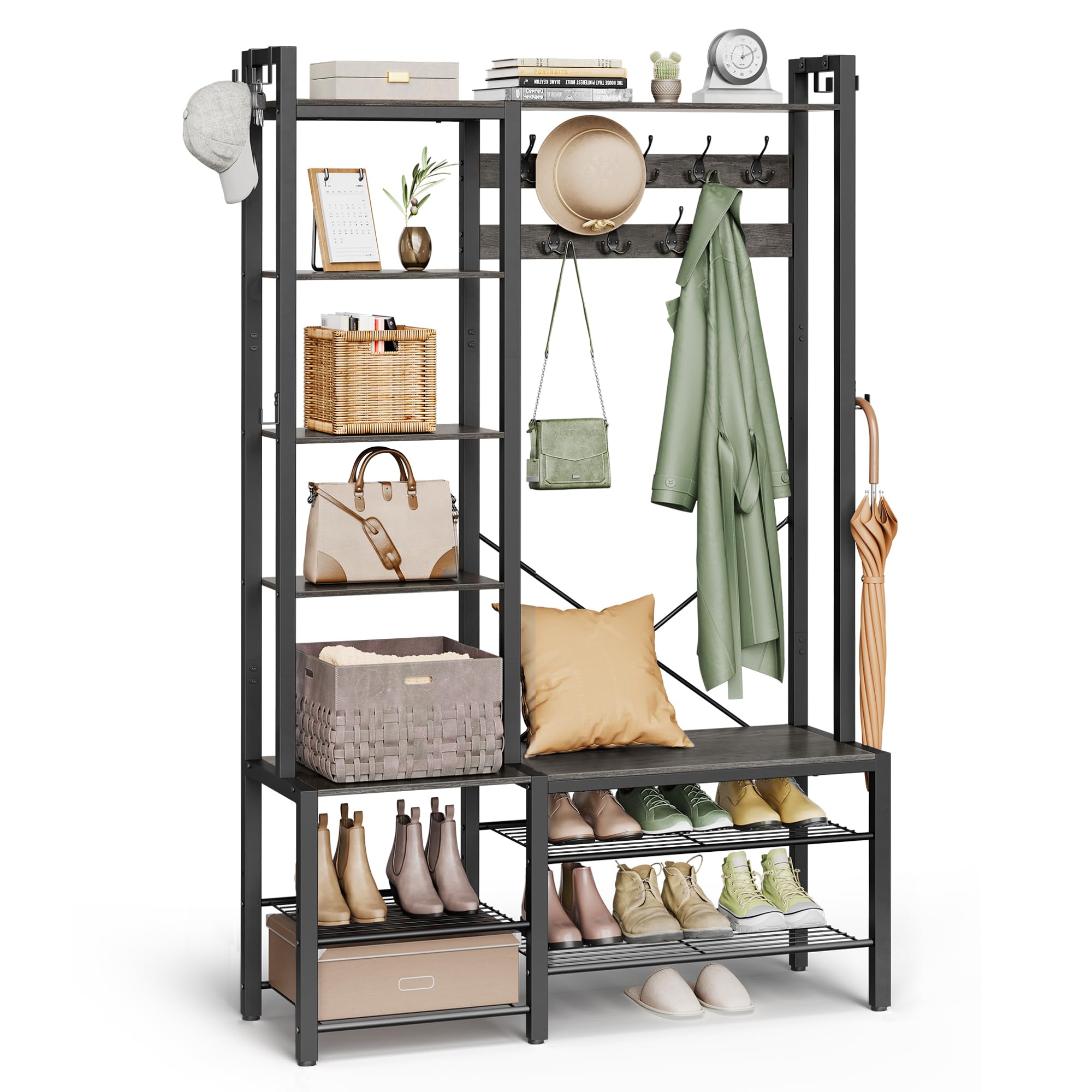 VASAGLE Entryway Hall Tree with Bench - 5-Tier Shoe Storage, 9 Coat Hooks & 6 Side Hooks - 74.8