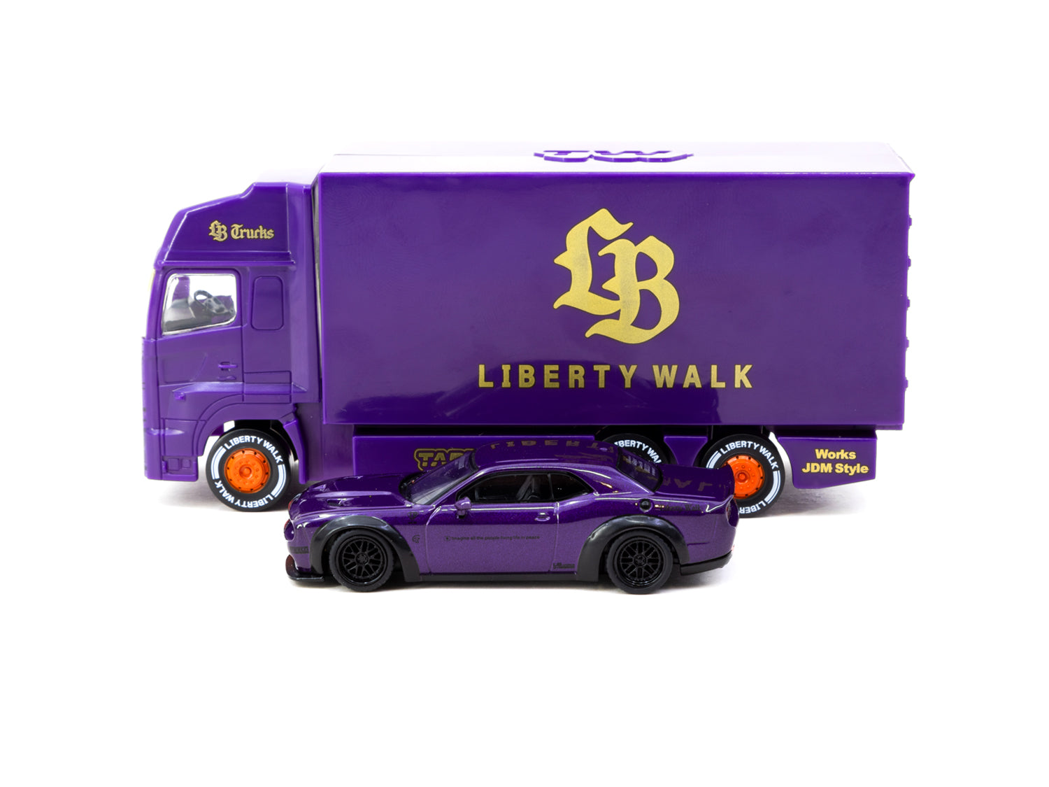 Tarmac Works 1/64 LB WORKS Dodge Challenger SRT Hellcat Purple Diecast Model Car with Truck - Collectible Miniature for Display, Racing Enthusiasts & Car Lovers
