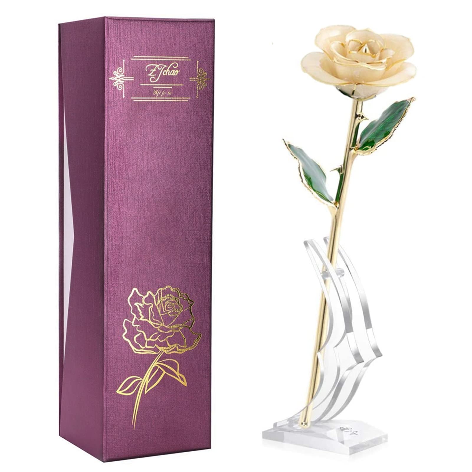 24K Gold Plated Preserved Rose in Beige - Eternal Love Real Golden Rose with Stand - Perfect Gift for Wife, Mom, Grandma - Anniversary, Valentine's Day, Birthday Present for Her - Home Decor & Romantic Keepsake