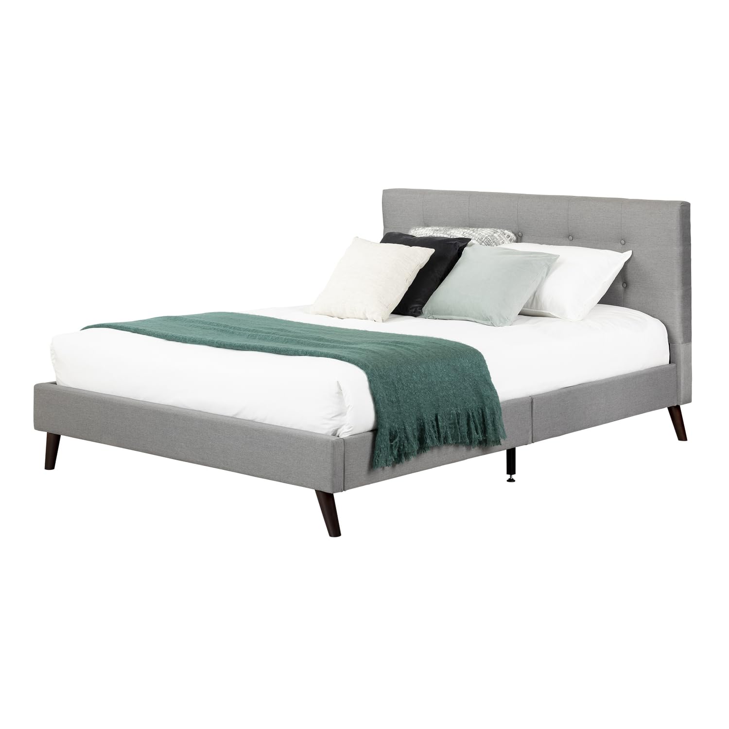 South Shore Fusion Padded Upholstered Platform Bed with Headboard - Full Size, Medium Gray - Modern Bedroom Furniture for Small Spaces & Guest Rooms