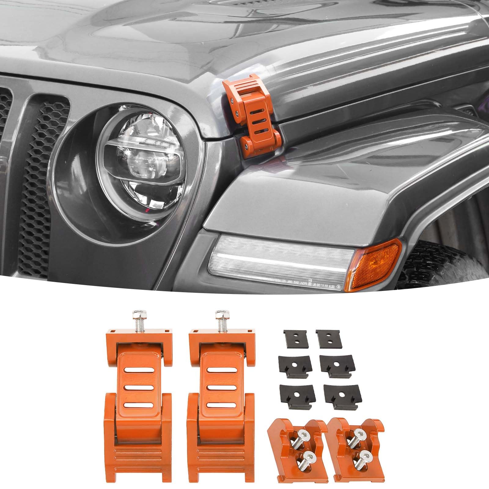 Stainless Steel Hood Latch Kit for 2007-2018 Jeep Wrangler JK/JKU & 2018-2025 JL/JLU/Gladiator JT - Orange Exterior Accessories - Durable Off-Road Protection for Jeep Adventures