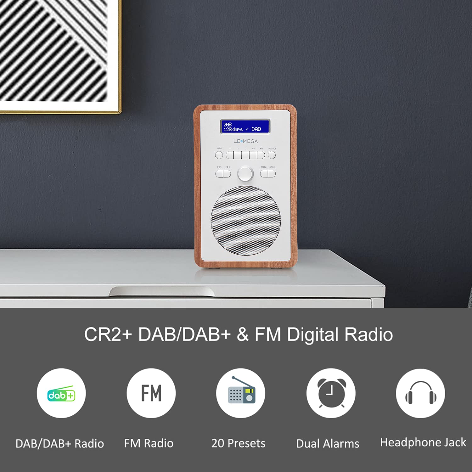 LEMEGA CR2+ DAB/DAB+ Digital Radio with FM, Small Portable Radio with Dual Alarm Clock, Sleep Timer & 20 Preset Stations - Walnut Wood Finish for Kitchen, Bedroom & Office Use