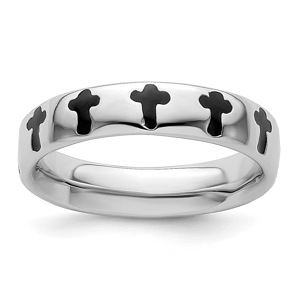 925 Sterling Silver Enameled Cross Religious Band Ring - Stackable Black Fine Jewelry for Women - Perfect Gift for Her - Ideal for Church, Weddings & Everyday Wear