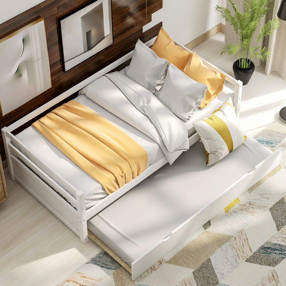 Rhomtree Twin Size Daybed with Trundle - Solid Wood Platform Bed Frame, Convertible Futon Sofa Bed for Guest Room, Dorm & Small Spaces (White) | Perfect for Sleepovers, Studio Apartments & Multi-Purpose Furniture