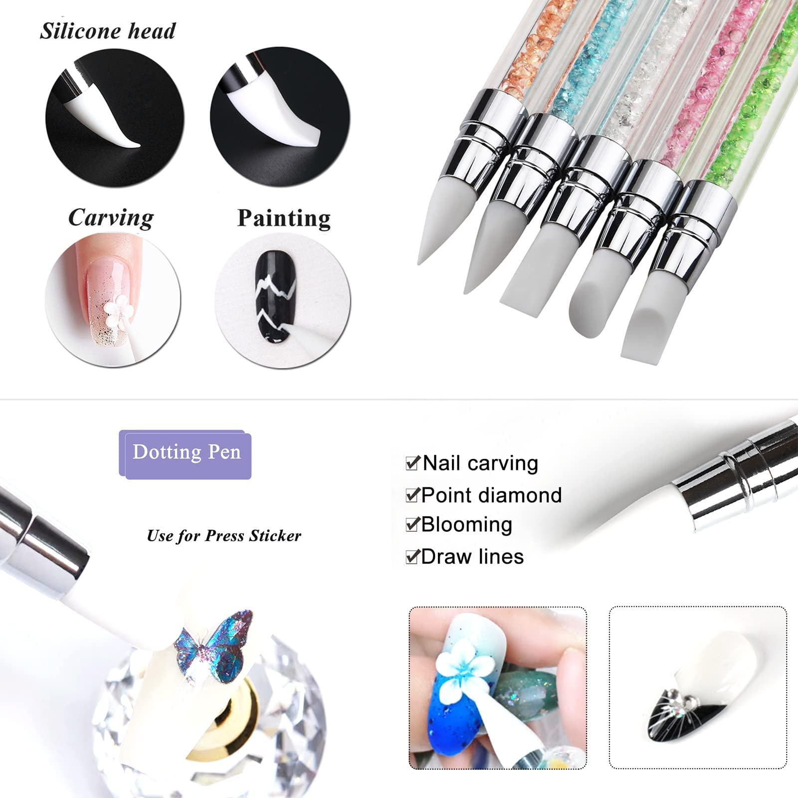 KIRA 5-Piece Dual-Sided Acrylic Nail Art Pen Set with Silicone Brush Heads & Comfortable Acrylic Handles - Perfect for DIY Nail Art, Gel Polish Application, and Professional Salon Use