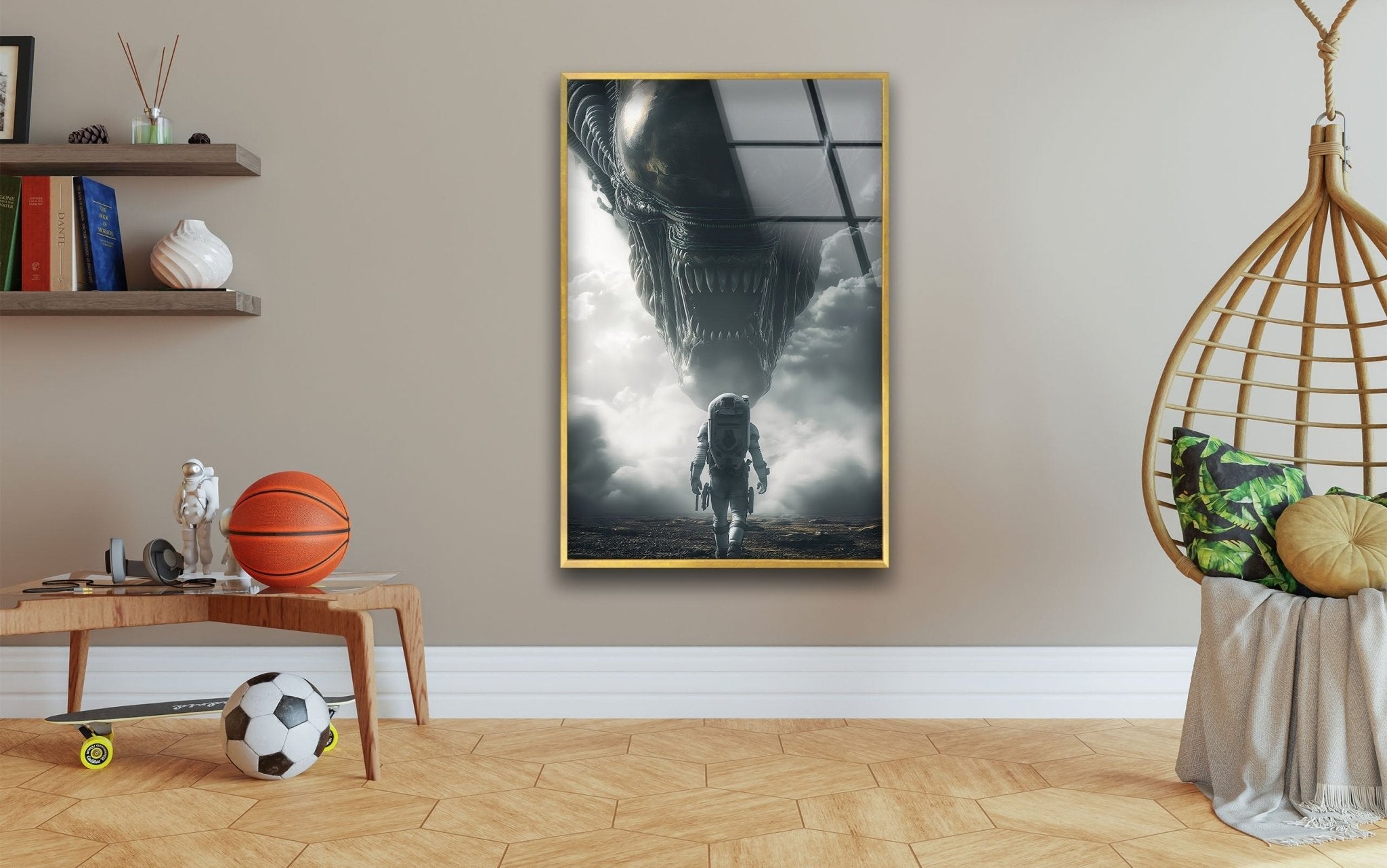 Alien & Astronaut Glass Wall Art - Modern Space Themed Home Decor for Living Room, Bedroom & Office - Unique Sci-Fi Gift for Space Enthusiasts