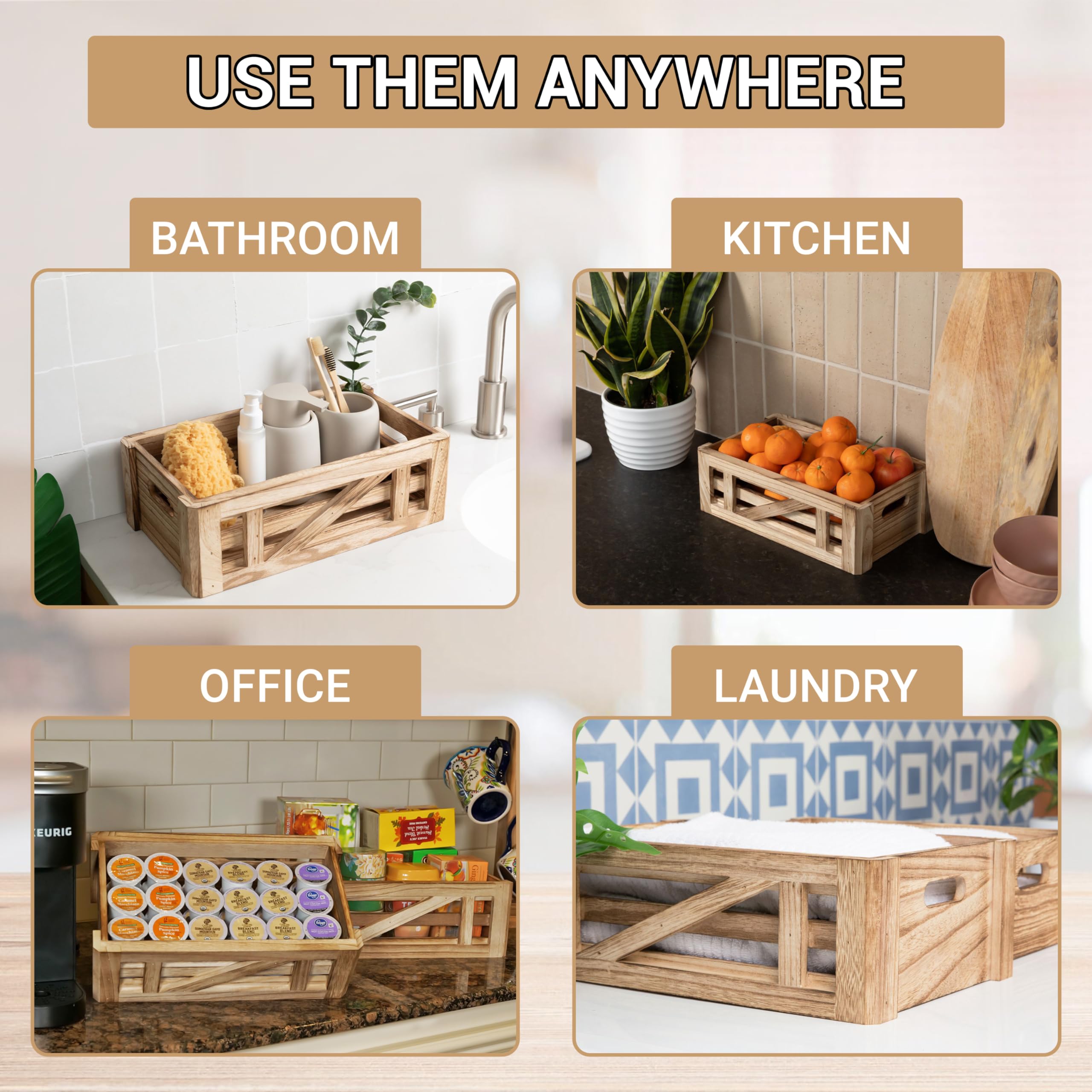 Rustic Wooden Crate for Kitchen Countertop Organization - Fruit & Vegetable Storage Basket Set with Versatile Display & Storage, Perfect as Fruit Holder, Snack Station, and Home Decor for Farmhouse Kitchens