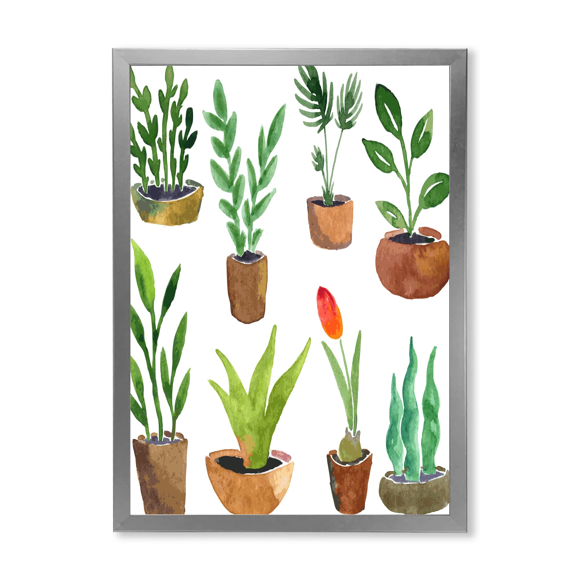 Eight Potted House Plants Traditional Framed Wall Art - Botanical Home Decor for Living Room, Bedroom & Office