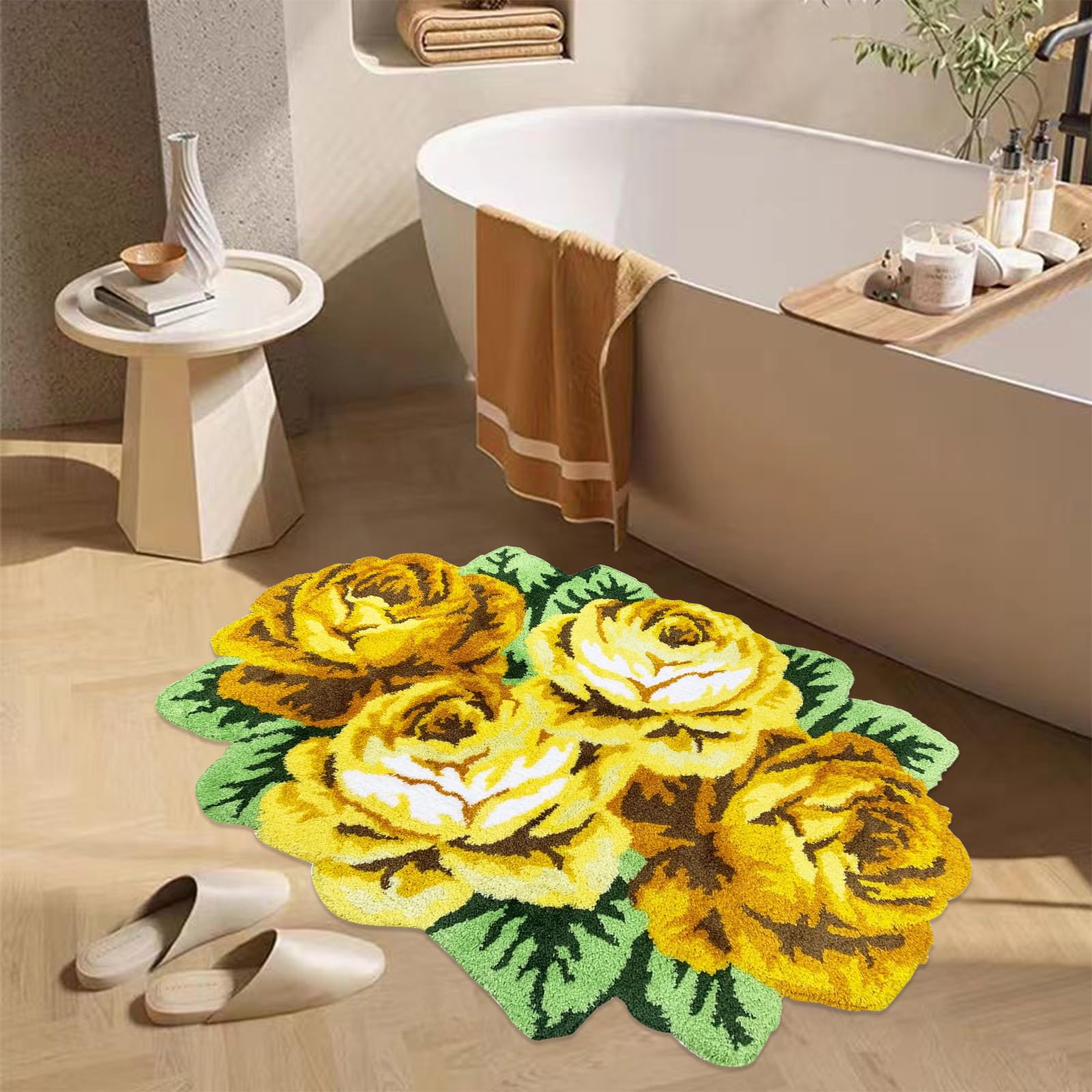 ABREEZE Yellow Rose Shabby Chic Kitchen Mat - Handmade Farmhouse Floral Bath Rug, Non-Slip Washable Floor Carpet for Girls Bedroom, Bathroom & Farmhouse Decor