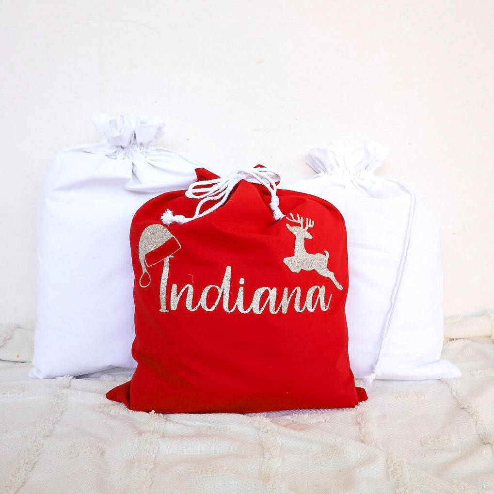 Personalized Santa Sack with Santa Hat Name - Custom Christmas Gift Bag for Stockings, Presents & Holiday Decor